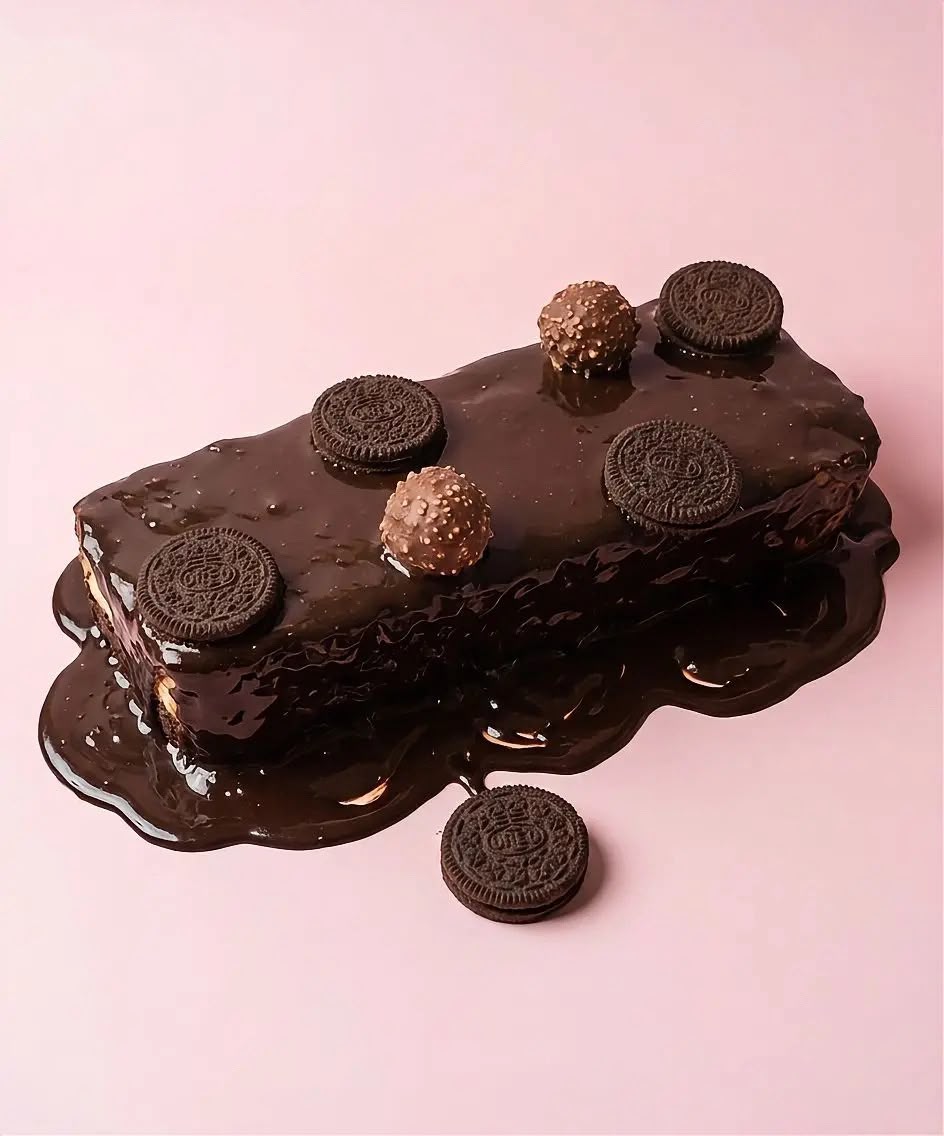 Chocolate loaf cake drenched in glossy glaze with cookies and hazelnut chocolates