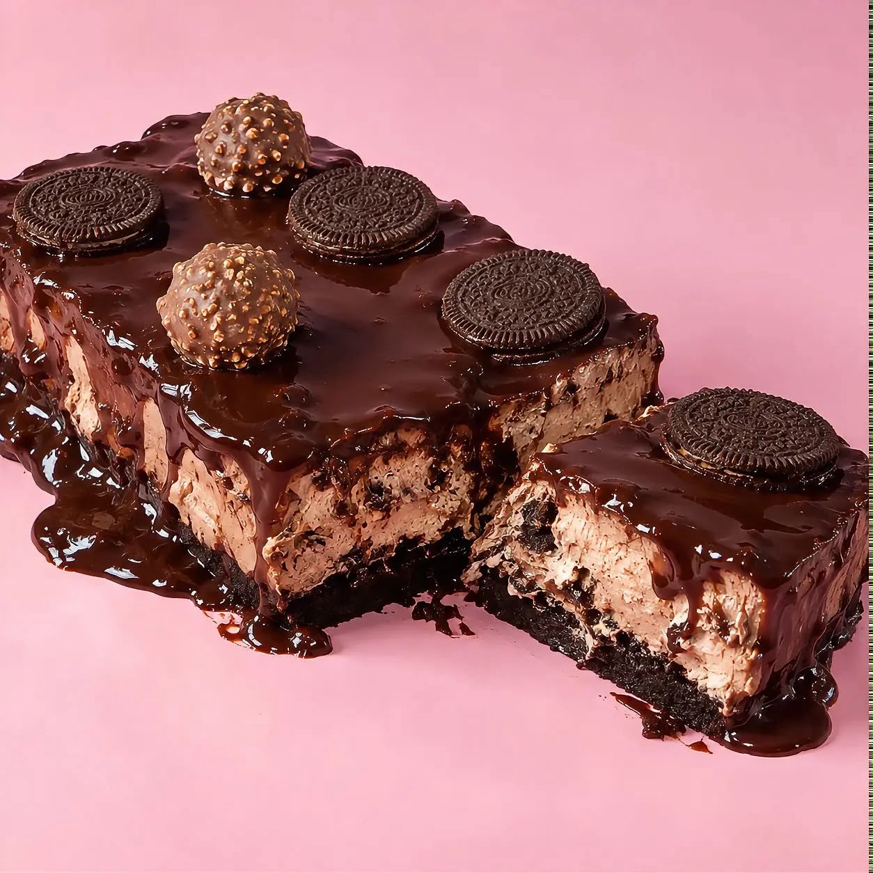 Sliced chocolate mousse loaf with dripping ganache, cookies and hazelnut chocolates