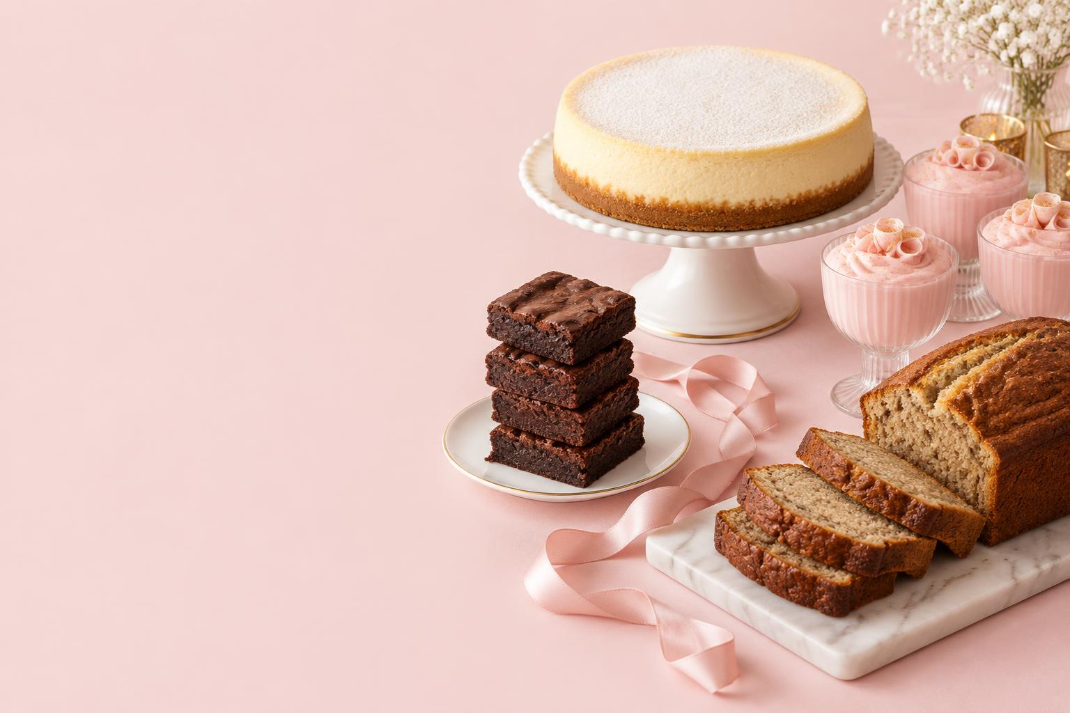 Classic cheesecake, fudgy brownies, banana bread and pink dessert cups with a blush ribbon